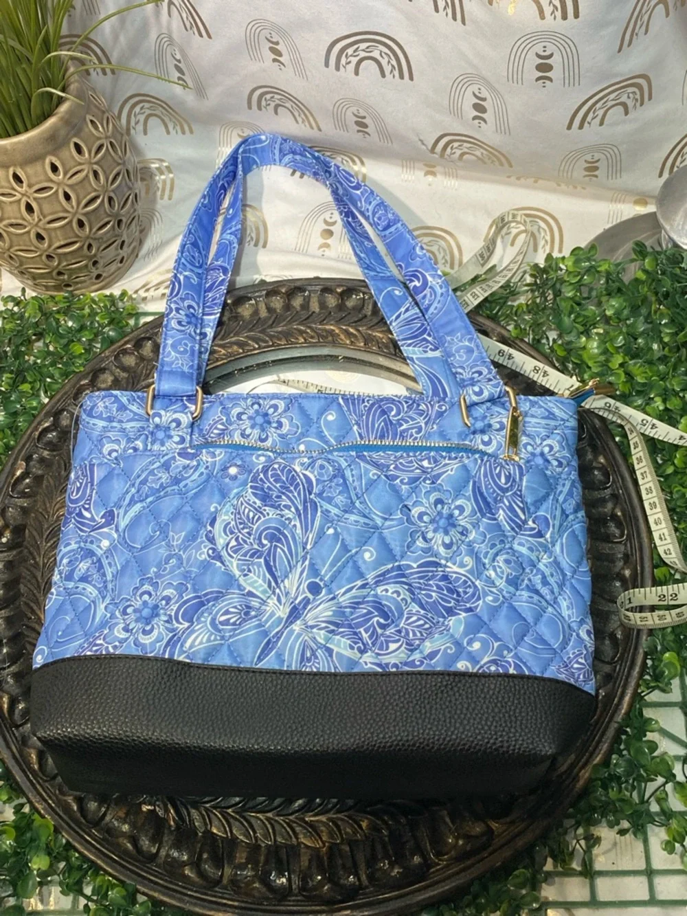 Quilted Blue Floral Tote Bag with Black Base